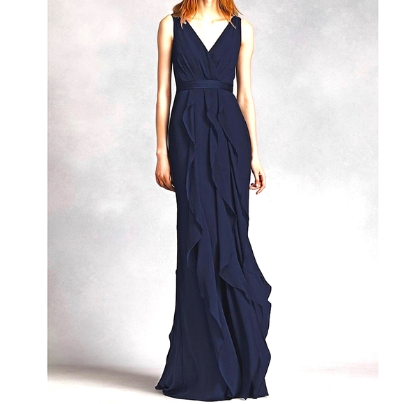 White By Vera Wang / Crepe V-Neck Ruched & Ruffled Maxi Dress (Midnight Navy) - Picture 1 of 6